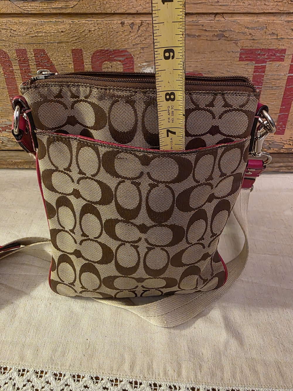 COACH Signature Canvas Crossbody Bag in Brown & Pink - Picture 8 of 10